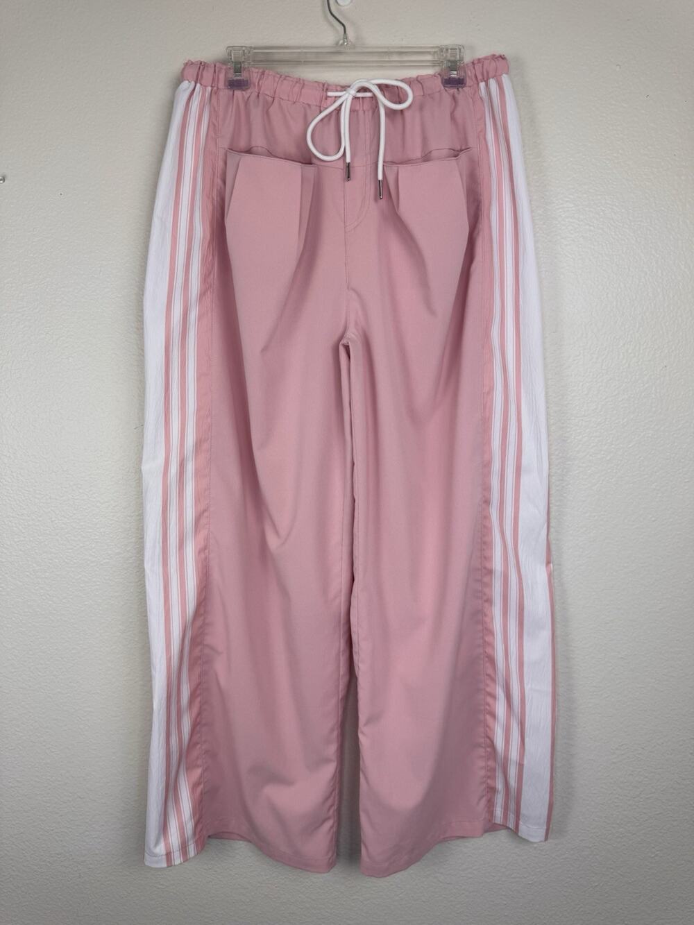 Women’s Side Stripe High Rise Baggy Wide Leg Track Pants Trousers Pink White XXL